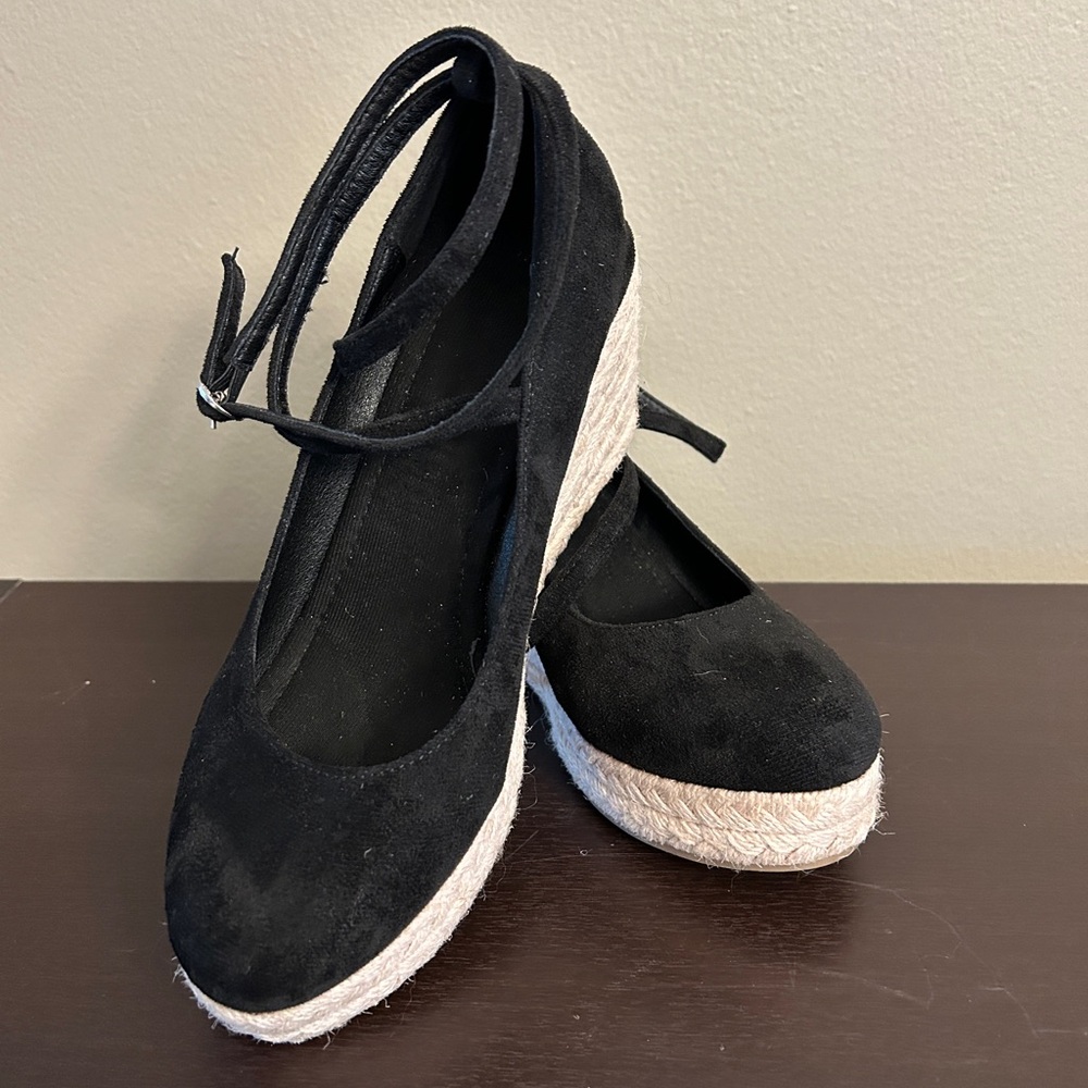 Wedge Espadrille Ankle Wrap Shoes - Black Suede - US Size 9/Eu size 40